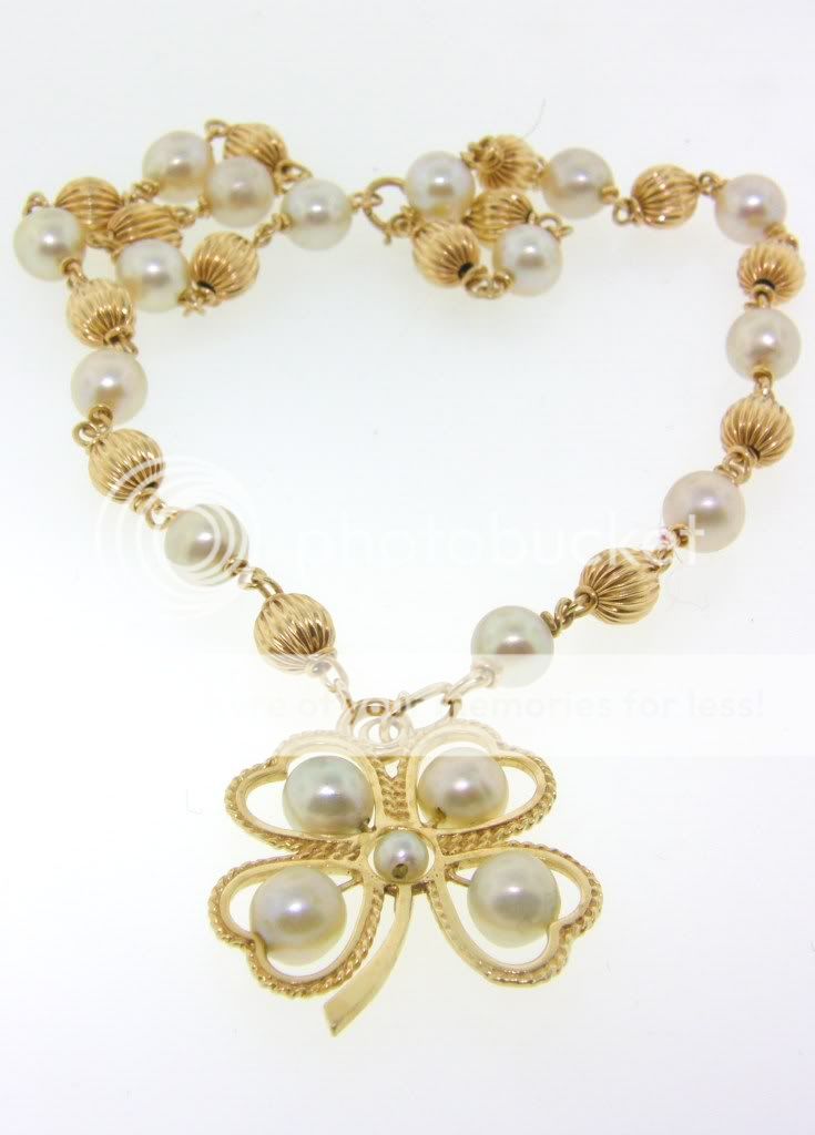 Vintage Pearl & Solid Gold 14K Lucky Shamrock Necklace  