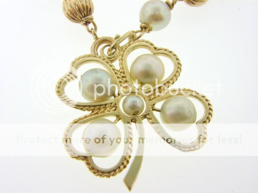 Vintage Pearl & Solid Gold 14K Lucky Shamrock Necklace  